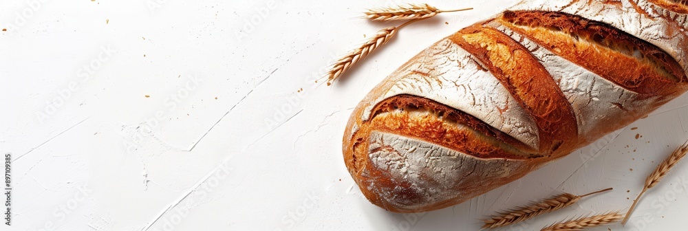 Poster a freshly baked bread loaf with wheat flour on a white background. a few sprays of wheat are arrange