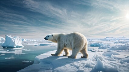 Polar bear sitting on ice in the South Pole