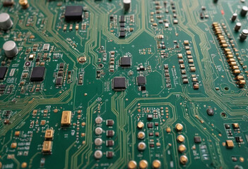  A close-up shot of a circuit board with intricate components (Technology). 