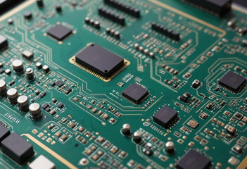  A close-up shot of a circuit board with intricate components (Technology). 