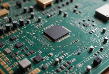  A close-up shot of a circuit board with intricate components (Technology). 
