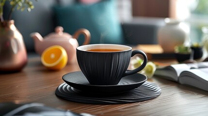 Fototapeta premium A steaming cup of black tea elegantly rests on a sleek modern saucer against the backdrop of a rustic wooden table