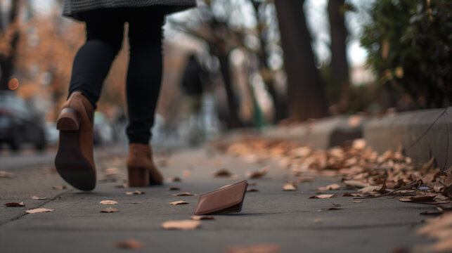 A woman dropping a lost wallet at her feet concept
