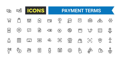 Payment terms icons set outline vector. Card credit, Document recharge. Outline icons pack. Editable vector line icon set and illustration.