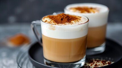 A black plate holds two steaming cups of cappuccino topped with fragrant cinnamon, ready to be enjoyed