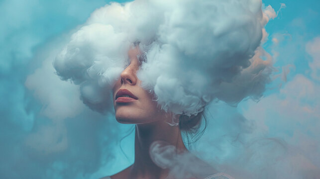 Young woman with her head in cloud. Depression, loneliness and mental health concept. Psychology theme, dreaming, having racing thoughts in mind. Concept of memory loss, dementia