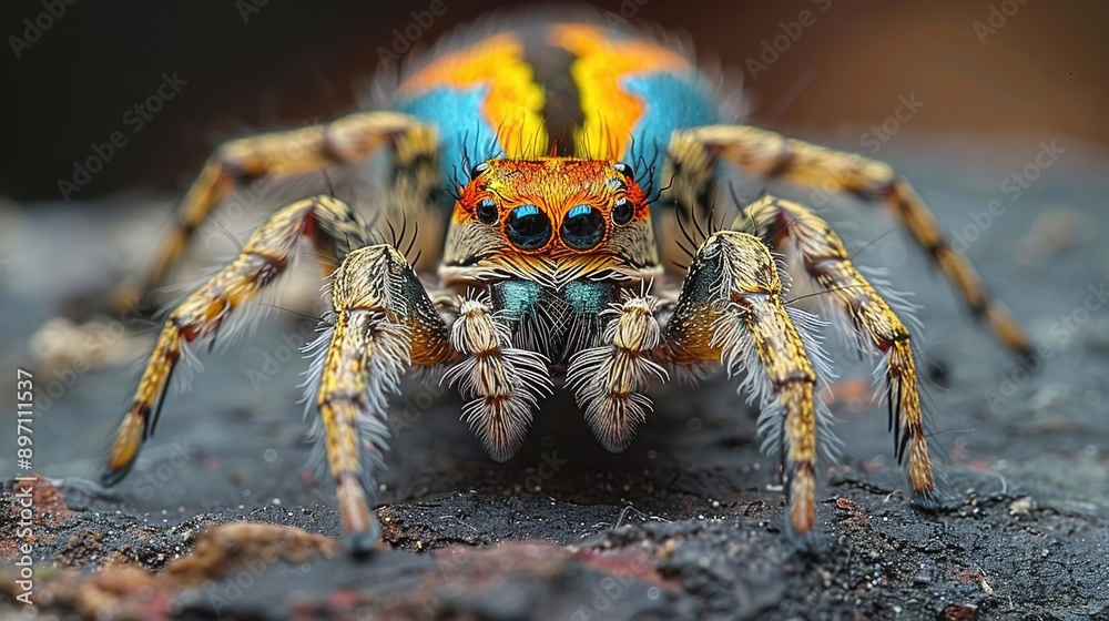 Sticker close-up photo of a colorful jumping spider with fuzzy legs