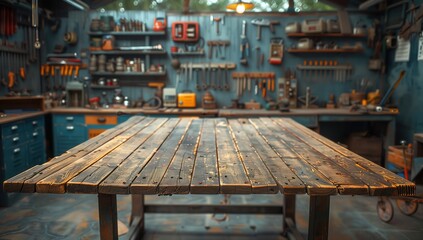 Rustic Workshop with Wooden Workbench and Tools. Rustic workshop featuring a sturdy wooden workbench and an array of tools and equipment neatly organized on the shelves.