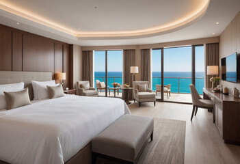  A luxurious hotel room with a stunning ocean view (Hospitality & Tourism). 