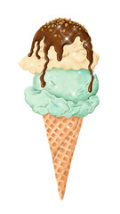 Hand drawn sparkling ice cream cone sticker with white border