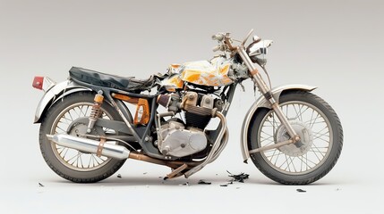 Damaged Vintage Motorcycle on Plain White Background After Crash Impact