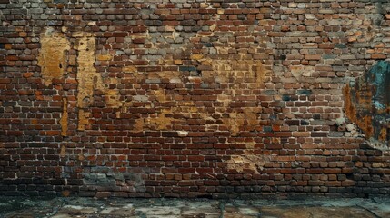 The weathered brick wall features distressed paint and intricate graffiti designs