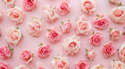 Buds of pink roses evenly spreaded on light pink background, top view.