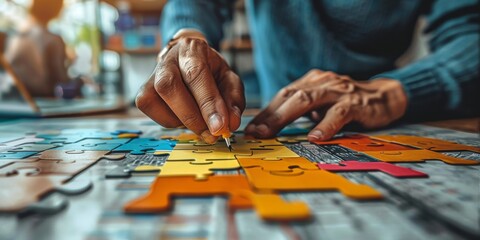 Obraz premium Analyzing Business Strategies and Concepts with Jigsaw Puzzle Pieces on Office Desk