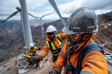 Obraz premium Workers in safety harnesses maintain large wind turbines on rugged terrain, highlighting the dedication and technical skills required for renewable energy projects.