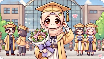 Kawaii Style Graduation Celebration with Smiling Female Graduate Holding Flowers in Front of Modern Building