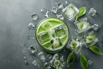 Iced Green Tea with Matcha Ice Cubes and Leaves