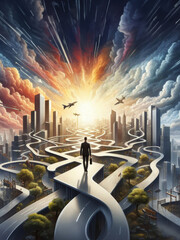 Surreal and abstract paths and ways, illustrating life's journey, challenges, and the choices people face in their careers and personal growth