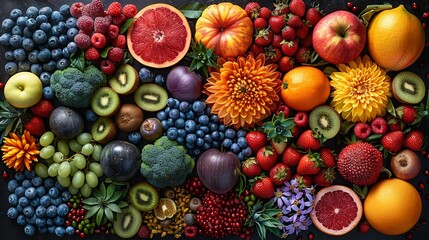 Array of colorful fruits and vegetables mandala pattern psychedelic vibrant hues intricate detail