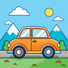 road trip in the spring. A charming vehicle driving through a landscape. Flat-style vector illustration