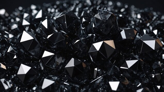 Faceted black crystal texture in 3D render, macro panoramic polygonal wallpaper