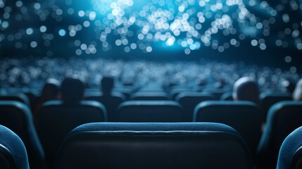 Fototapeta premium Cinema's Enchanting Embrace: A captivating cinematic scene unfolds, with an audience engrossed in a film, their silhouettes fading into the mesmerizing glow of the screen