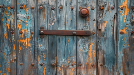 A closeup view of a weathered old wooden door with rusty hardware and character