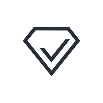 Diamond, almaz with a check mark. Solid hard durable.Vector linear icon isolated on white background.