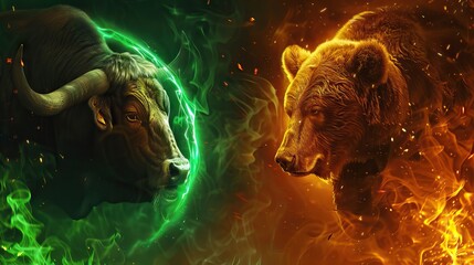 Neon duel Bull vs Bear symbolizing stock market trends with energy and intensity