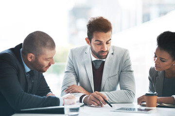 Business people, tablet and meeting for problem solving in office, accounting agency and teamwork...