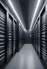  The interior of a sleek and futuristic data center (Technology). 