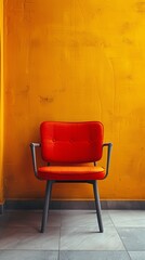 A red chair is sitting in front of a yellow wall