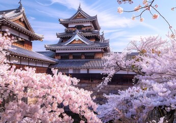 Cherry blossoms cascading over the walls of a traditional Japanese castle