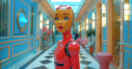 Colorful female android robot in a corridor indoor. 