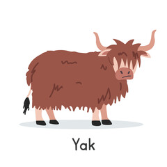 Yak vector illustration. Cute long-haired yak cartoon clipart, animal in flat style. Farm animals concept, rural farming. Livestock animal yak vector design isolated on white background