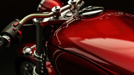 Detailed view of a glossy red motorcycle fuel tank with black leather seat and handlebar, against a dark background.