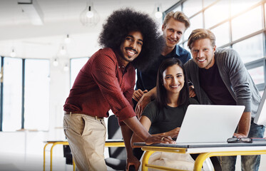 Business people, team portrait and laptop for creative planning, collaboration and research in...