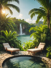 Fototapeta premium Tropical waterfall with lush green jungle with wooden chairs private pool plants. Inspire scene peaceful and relaxing, exotic destination tourism travel background. Soft sunlight luxury resort design