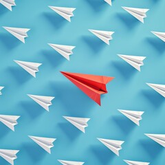 Fototapeta premium A 3D rendering shows a red paper airplane leading and following white planes on a blue background, symbolizing strategic business leadership.