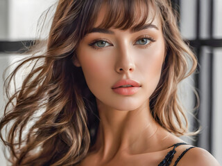Fototapeta premium Beautiful model girl with short hair. Beauty brunette woman with brunette curly hairstyle. Fashion portrait closeup clean skin, facial and cosmetics and makeup concept. Gorgeous female. AI generated
