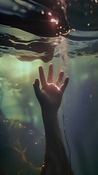 A person drowning in ocean. Hand of drowning man trying to swim out of the stormy ocean. Accident in river,sea, Dangerous situation 4k