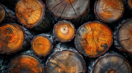 A detailed closeup view of tree trunks stacked in a dense forest, showcasing the natural beauty of the woods