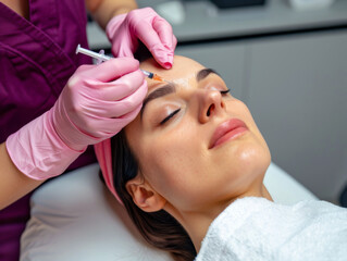 Young woman receives botox injection for facelifting. Aesthetic medicine