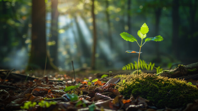 Young plant growing in a sunlit forest with rays of light, nature rejuvenation concept