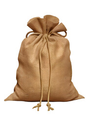 A small brown burlap bag filled with money, tied and isolated against a plain background