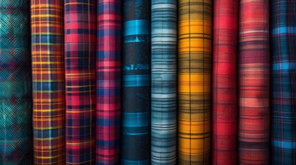 A colorful array of plaid fabric rolls showcased in a neat row for your browsing pleasure
