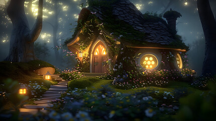 3D render of a fairy house in the forest at night.