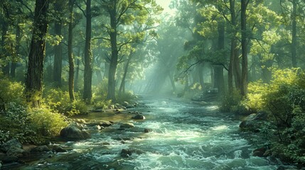 Obraz premium The serene morning light filters through the vibrant green canopy of a tranquil forest nestled alongside a gently flowing river
