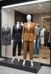  A retail store window display featuring trendy clothing items (Fashion). 