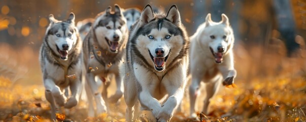 Obraz premium Four Siberian huskies running through a golden autumn forest, showing teamwork, energy, and joy in a natural setting.